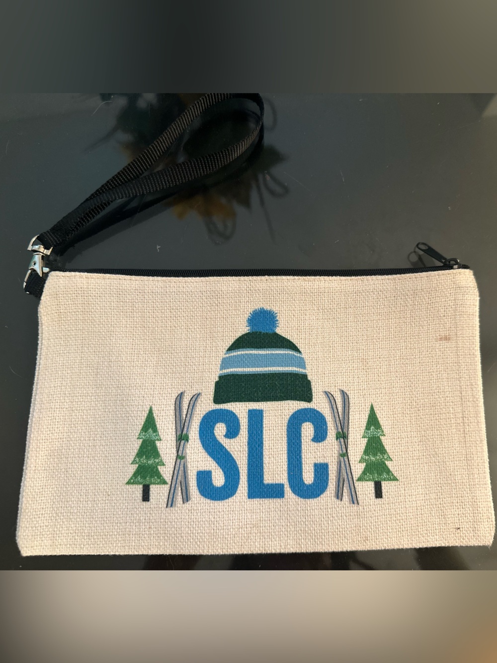 SLC Salt Lake City Ski Winter Beanie Trees Canvas Zip Pouch Wristlet Bag